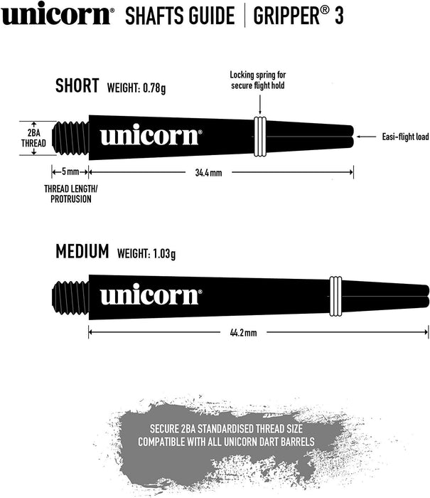 Unicorn Dart 3 Gripper Shafts Medium Locking Rings Stems Black/White/Red/BlueUnicorn