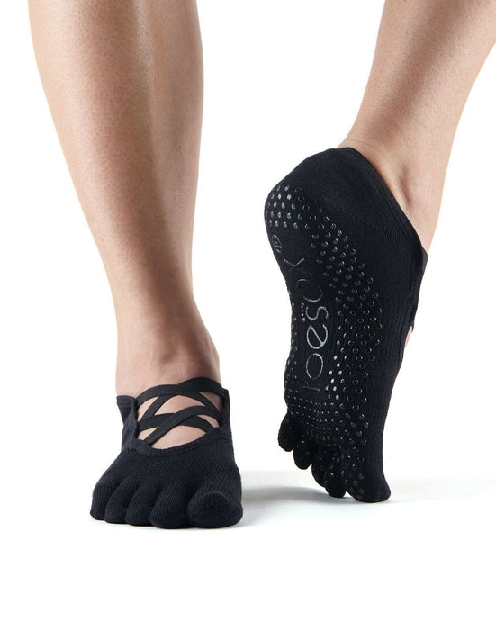 Toesox Full Toe Elle Criss Cross Elastic Barre Yoga Pilates Grip Socks Black