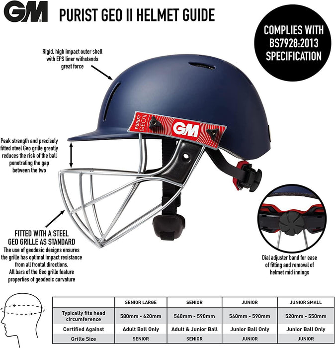 Gunn & Moore GM Cricket Purist Geo II Helmet Sports Head Protection - Navy