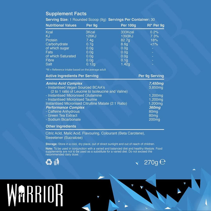 Warrior Amino Blast BCAA Protein Powder Muscle Supplement Blue Raspberry 270g