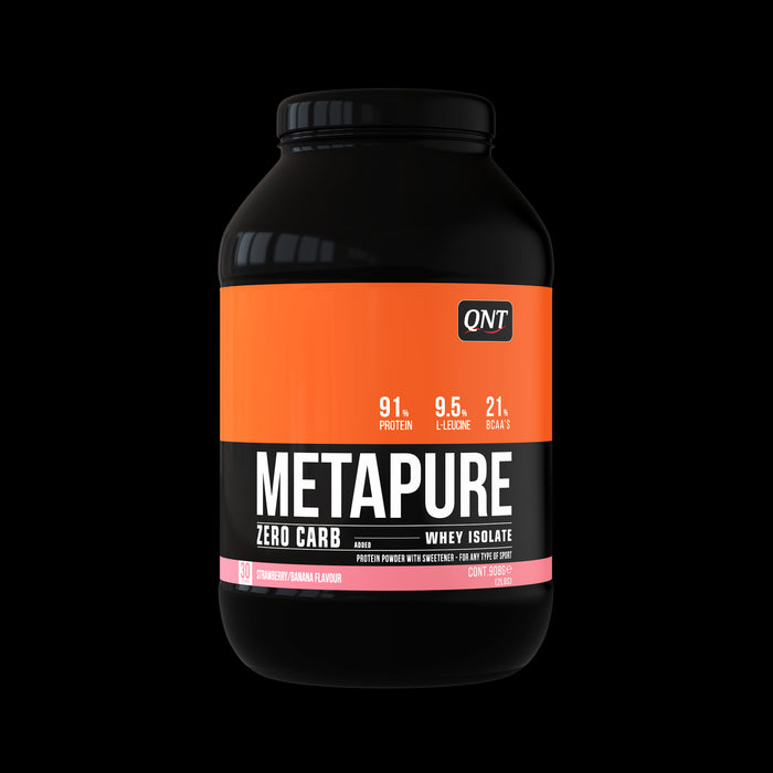 QNT Metpaure Zero Carb Fat Free Whey Protein Isolate Powder (Strawberry Banana) 908g