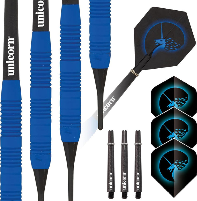 Unicorn Professional Darts Set 16g Brass Stems Shafts Barrels Flights - Blue