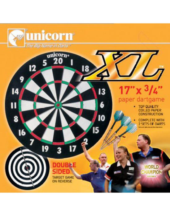 Unicorn Darts 17 Inch x3/4 Inch XL Paper Coiled Dartboard & 2 Sets of Darts