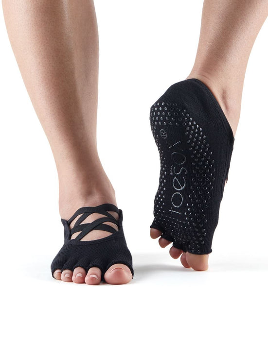 Toesox Half Toe Elle Criss Cross Five Toe Yoga Pilates Barre Grip Socks Black