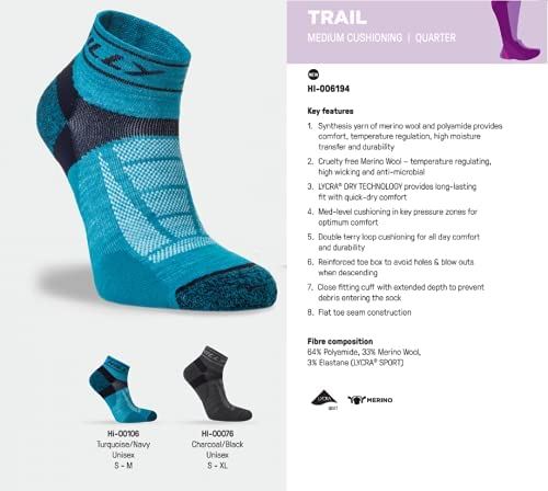 Hilly Trail Quarter Socks Cushioned Sports Running Turquoise/Navy - 3 Pairs for2Hilly