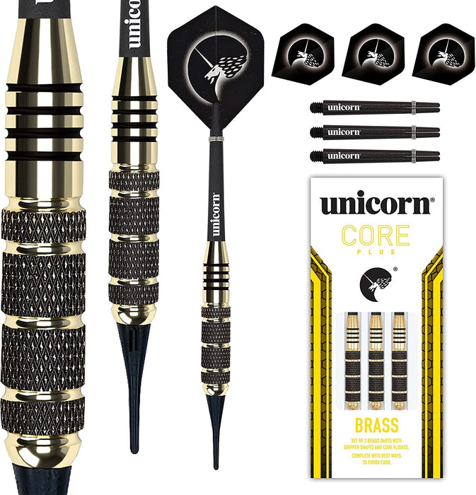 Unicorn Core Plus Dart Brass Set Soft Tip Gripper 3 Shafts Flights 17/19g