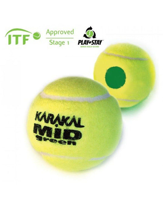 Karakal Mid Tennis Ball in Yellow & Green - Low Pressure & Bounce Ball - 1 Dozen