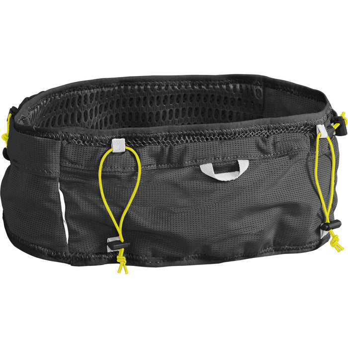 CamelBak Ultra Belt 2.5L with 500ml Quick Stow Flask Black and Yellow Refillable Flask Phone Pockets Breathable 3D Mesh Waist Belt - M/L