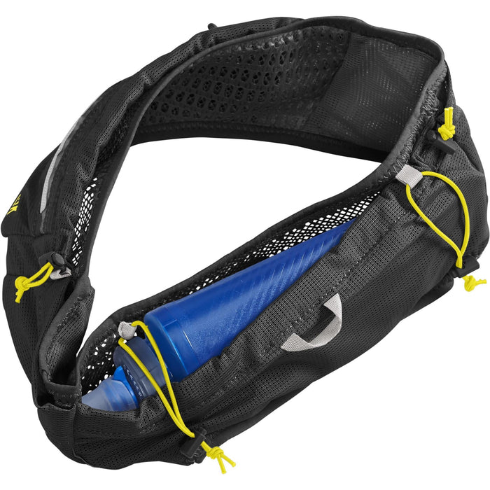 CamelBak Ultra Belt 2.5L with 500ml Quick Stow Flask Black and Yellow Refillable Flask Phone Pockets Breathable 3D Mesh Waist Belt - M/L