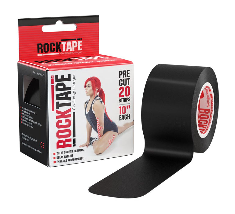 Rocktape 2 Pre Cut Kinesiology Sports Tape Adhesive Roll x 3 - Black 25x5cm