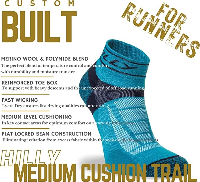 Hilly Trail Quarter Socks Cushioned Sports Running Turquoise/Navy - 3 Pairs for2Hilly