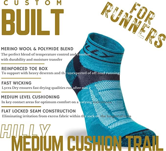 Hilly Trail Quarter Socks Cushioned Sports Running Turquoise/Navy - 3 Pairs for2