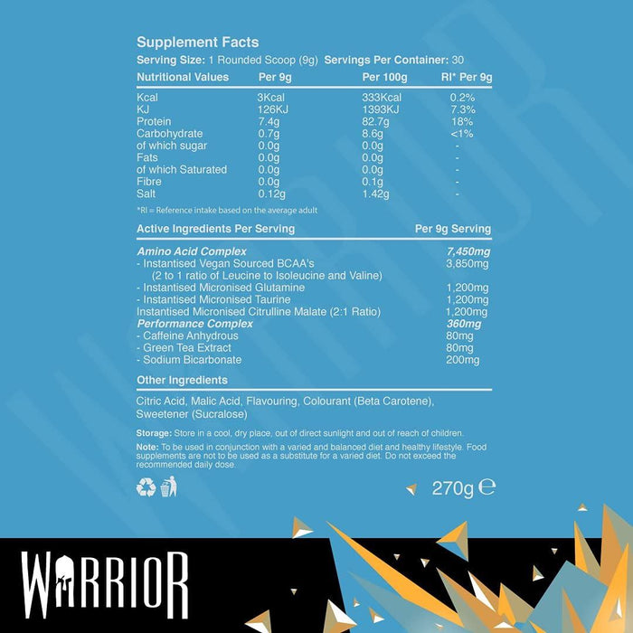 Warrior Amino Blast BCAA Protein Powder Muscle Gain Supplement Energy Burst 270g