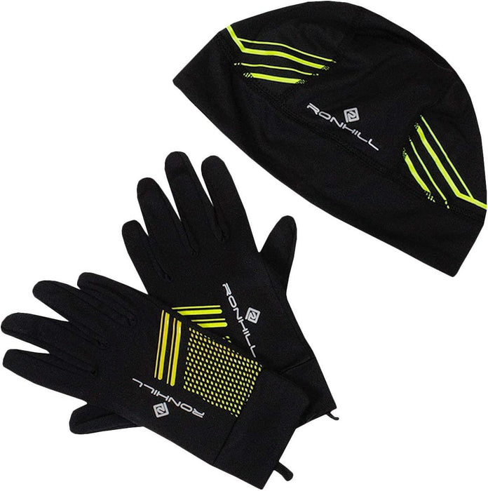 Ronhill Beanie and Glove Set Winter Running Wear Black/Fluo Yellow
