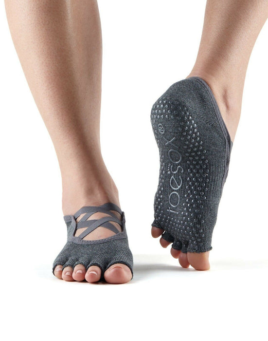 Toesox Half Toe Elle Criss Cross Five Toe Yoga Pilates Barre Grip Socks Grey