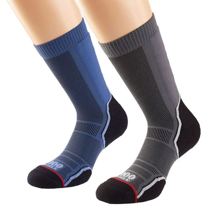 1000 Mile Mens Trek Single Layer Sock Padded Heel Twin Pack Grey/Navy Charcoal