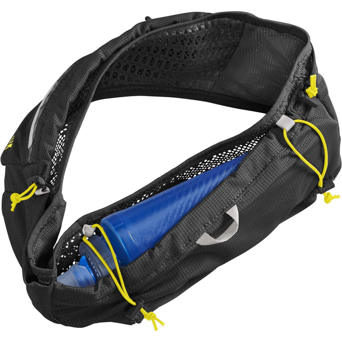 CamelBak Ultra Belt 2.5L with 500ml Quick Stow Flask Black and Yellow Breathable Waterproof Mesh Waist Belt with Pockets - XS/S