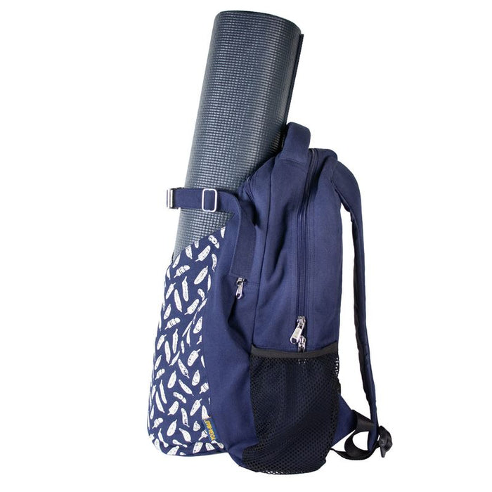 Fitness Mad Yoga Mat Backpack Essentials Bag - Navy Blue/Leaf