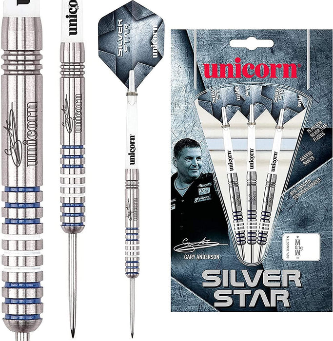 Unicorn Silver Star Darts Set Gary Anderson Tungsten Steel Tip 3 Gripper Shafts