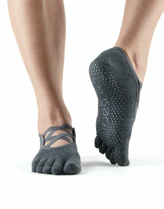 Toesox Full Toe Elle Criss Cross Elastic Barre Yoga Pilates Grip Socks Grey