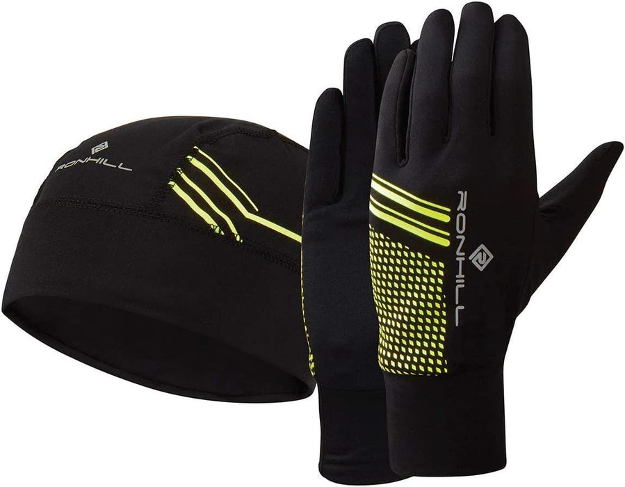 Ronhill Beanie and Glove Set Winter Running Wear Black/Fluo Yellow
